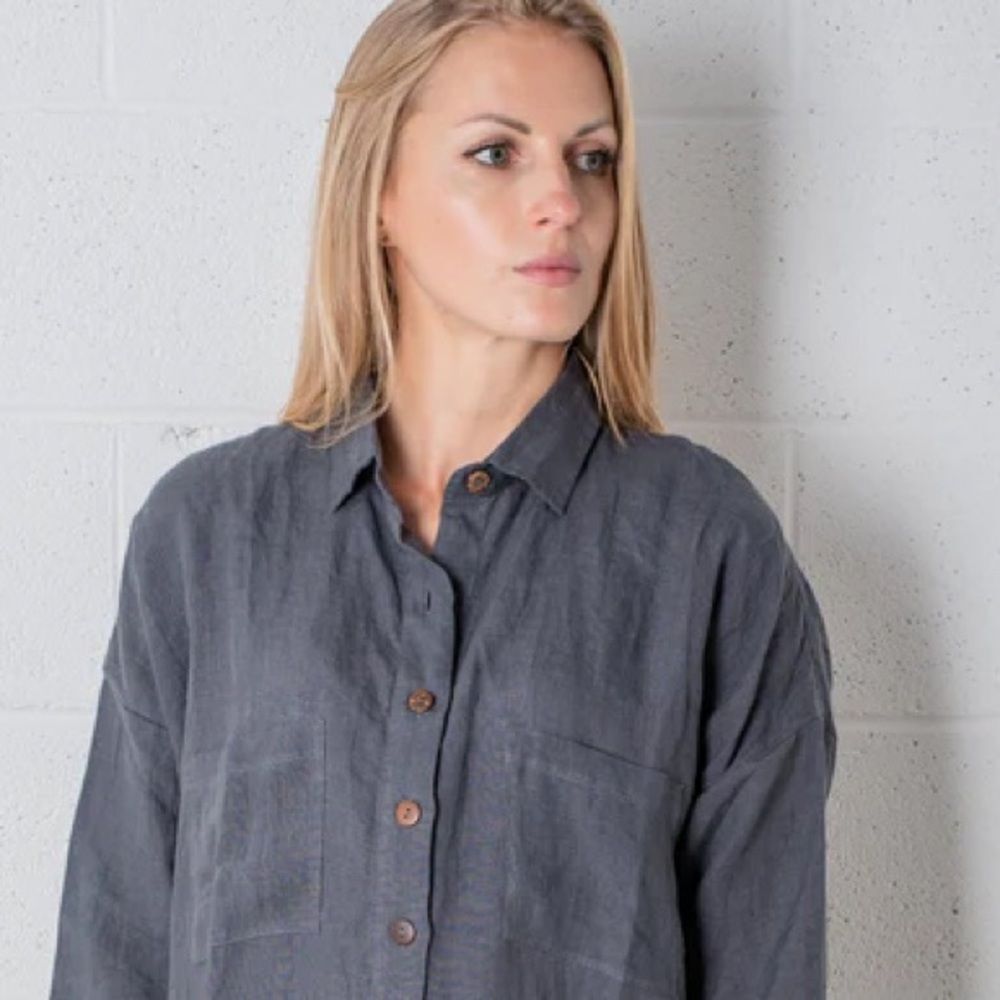 Vikolino European Linen Shirt Dress S Small Gray Lagenlook Button Down Classic - Picture 3 of 10